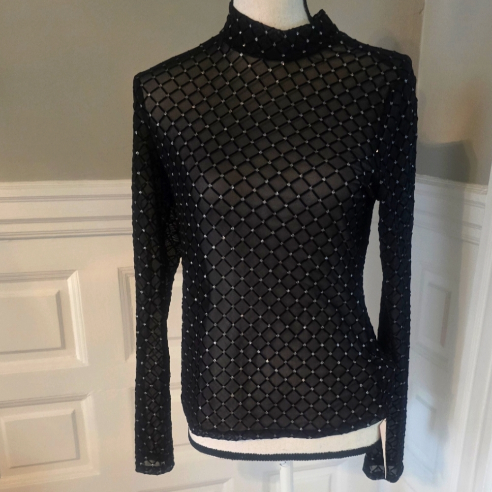 NWT shein Bae stretchy sheer rhinestone shirt size M/L